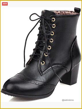 Brogue Ankle Boots Lace Up Chunky Block Heel Round Toe Bootie